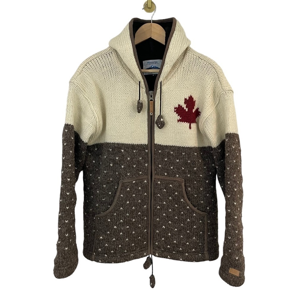 Ark Imports Full Zip Knit Cardigan Jacket Sz M/L Cream Brown Canada Sweater Coat